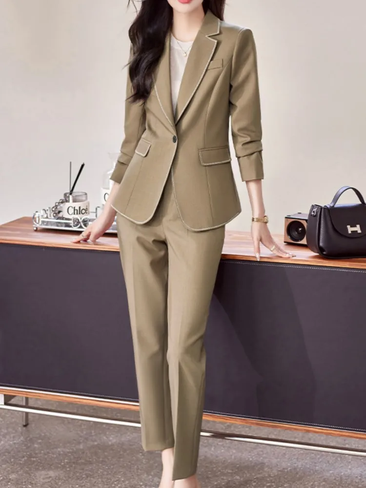 Fashion Korean Women Business Office Trousers Suit Vintage Casual Solid Blazer Jackets Pencil Pants 2 Pieces Set Female Pantsuit