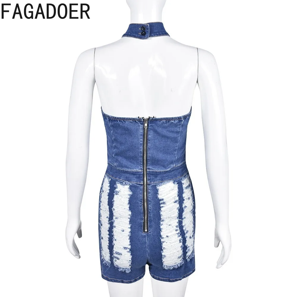 FAGADOER Fashion Hollow Out Hole Denim Rompers Women Sleeveless Backless Slim Elasticity Cowboy Jumpsuits Casual Streetwear 2023