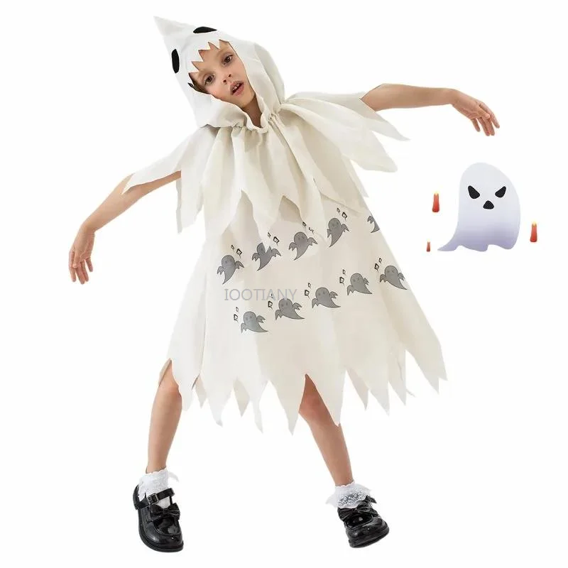 

Halloween Party Horror Performance Costume Ghost Face White Little Ghost Cape Cosplay Outfit Children's Performance Stage Sets
