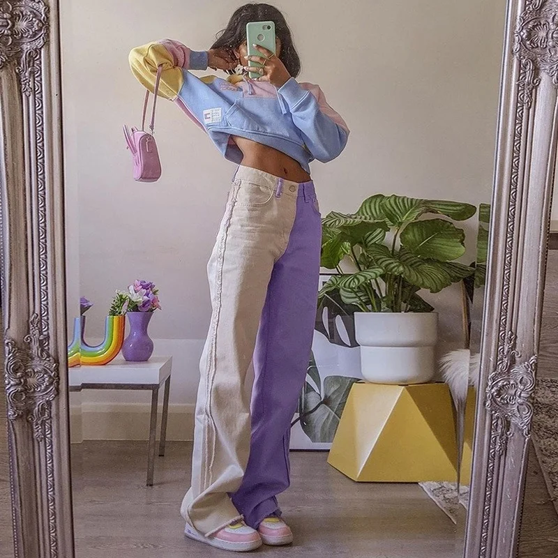 Female Harajuku Fashion Patchwork High Waist Pants Punk Aesthetic Wide-leg Straight-leg Jeans Harajuku Y2k Gothic Summer Pants