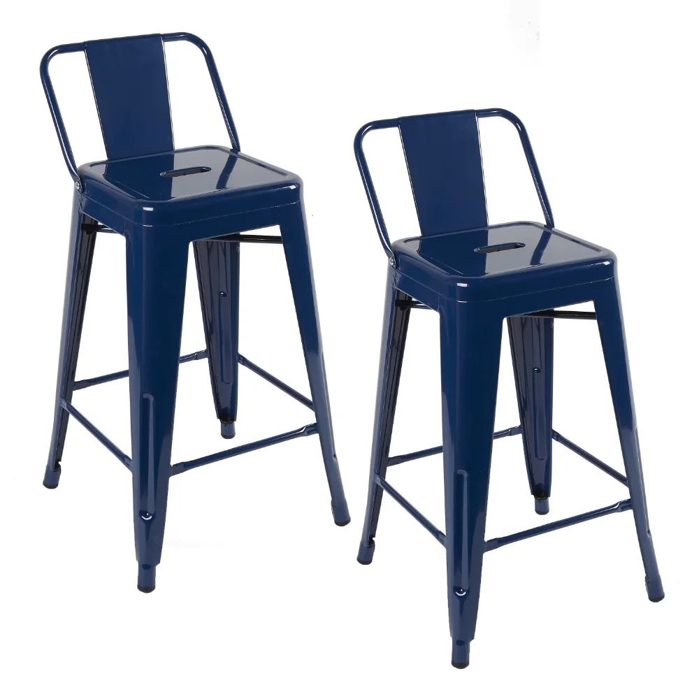 Metal Enamel 24" Counter Height Barstools, Set of 2, Blue Bar Chairs