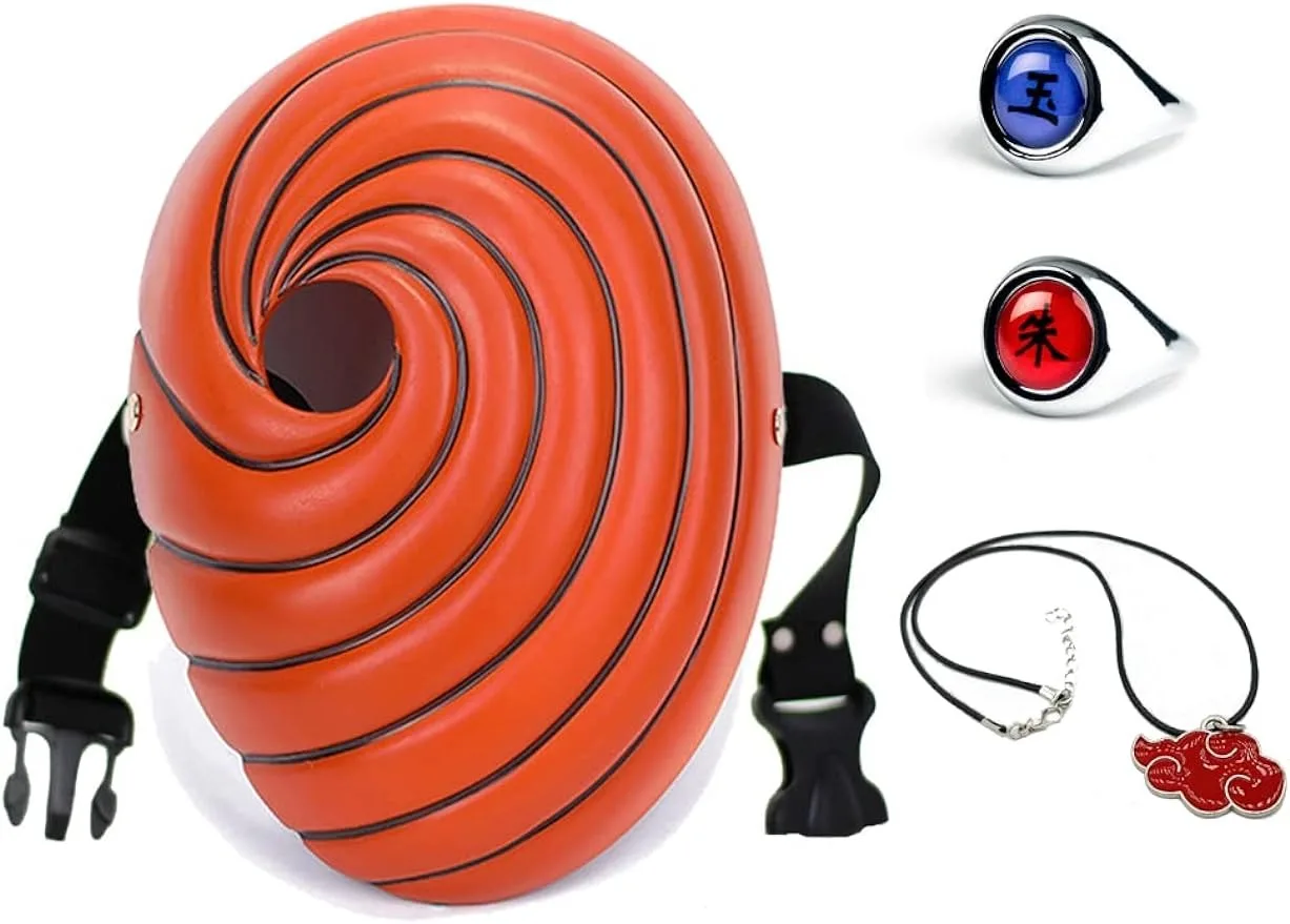 4 Pezzi Tobi Obito Resin Mask Costume Puntelli Regalo Per Feste Di Halloween Per Bambini Uchiha Cosplay Set Maschera, Collana E 2 Anelli