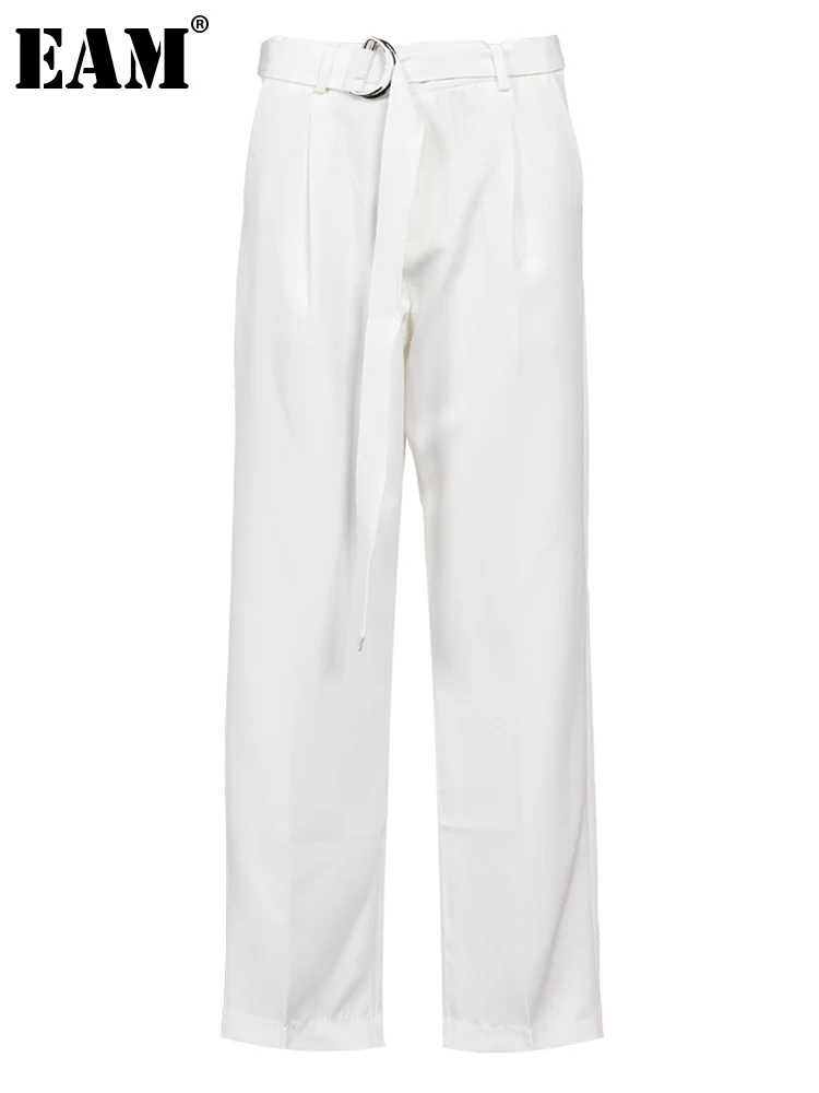 

[EAM] High Waist White Buckle Belt Casual Wide Leg Pants New Loose Fit Trousers Women Fashion Tide Spring Autumn 2024 1DF9790