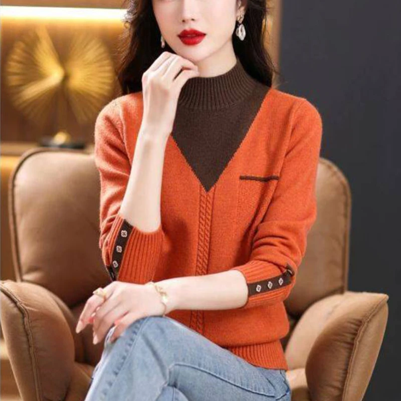 

Women Vintage Splicing Panelled Sweaters Autumn Winter Streetwear Fashion Mock Neck Long Sleeve Casual Slim Knitted Pullovers