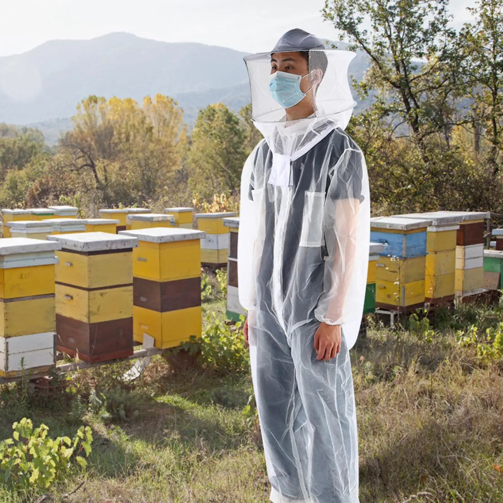 Transparent One-Piece Nylon Mesh Beekeeping Suit-Anti-Bee Bite Bee Keeper Clothing & Supplies