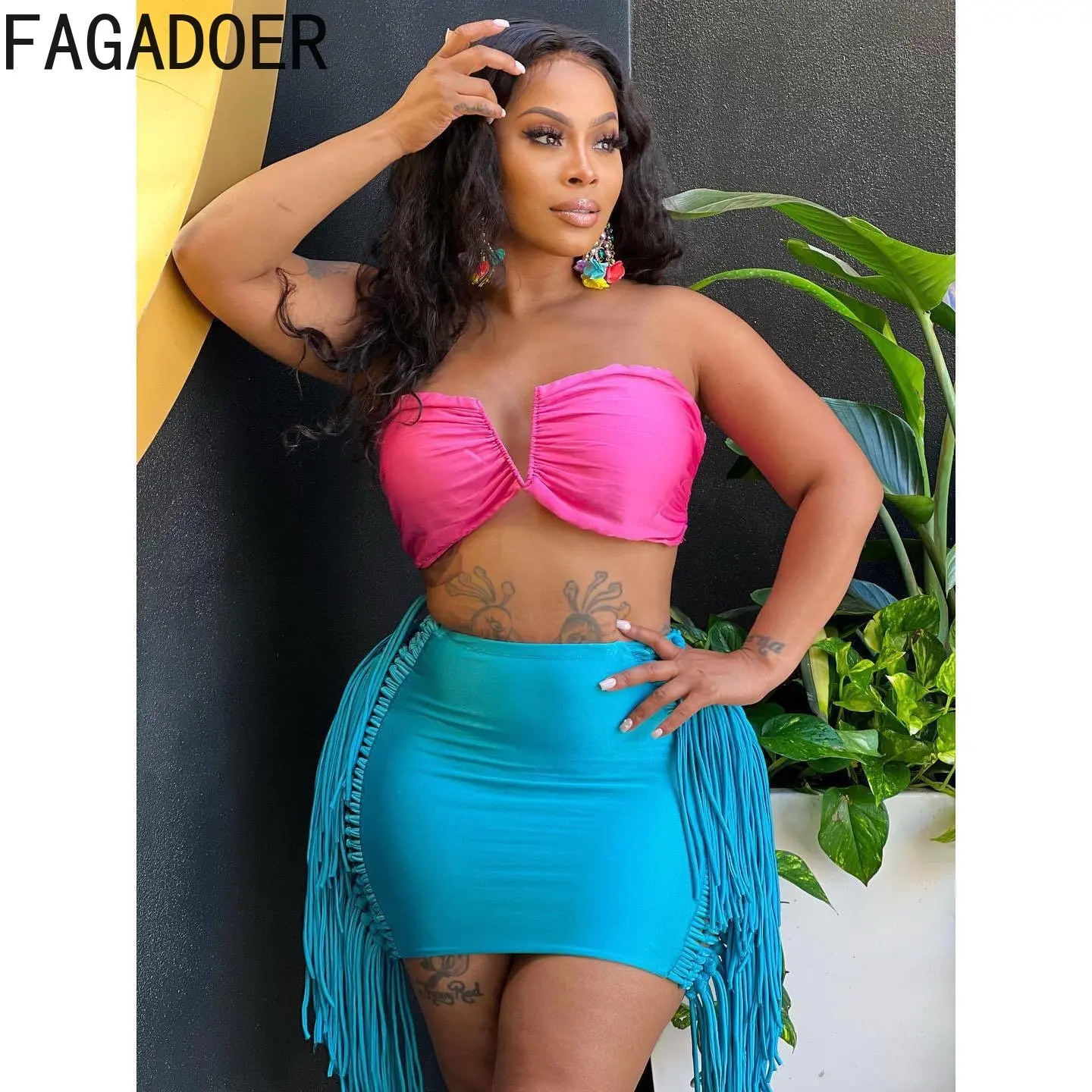 FAGADOER Sexy Tassel Bodycon Mini Skirts Party Club Outfits Women Fashion Chic Streetwear Short Birthday Holidays Skirt Solid
