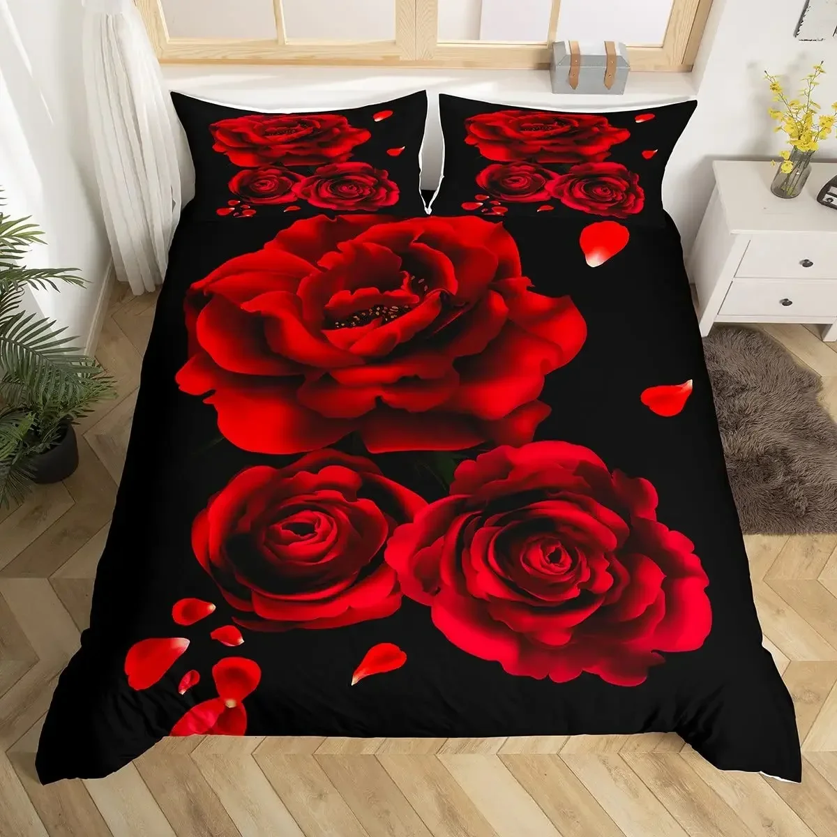 Rose Duvet Cover Bedding Set Full Queen For Boys Girls Gifts Bedroom Microfiber Comforter Cover With Pillowcases