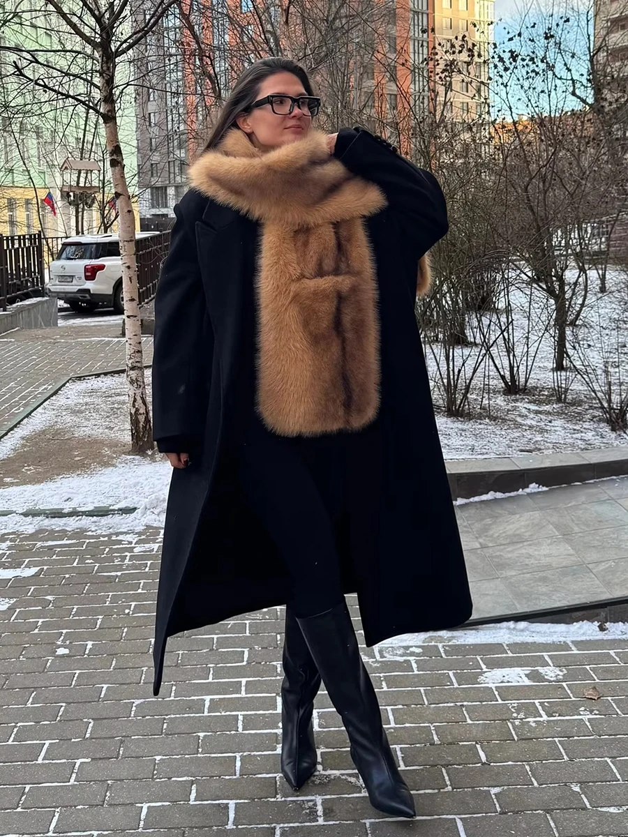 LIMO Thick Fluffy Faux Fox Fur Scarf Large Plush Fur Wrap Winter Warm Shawl with Pockets