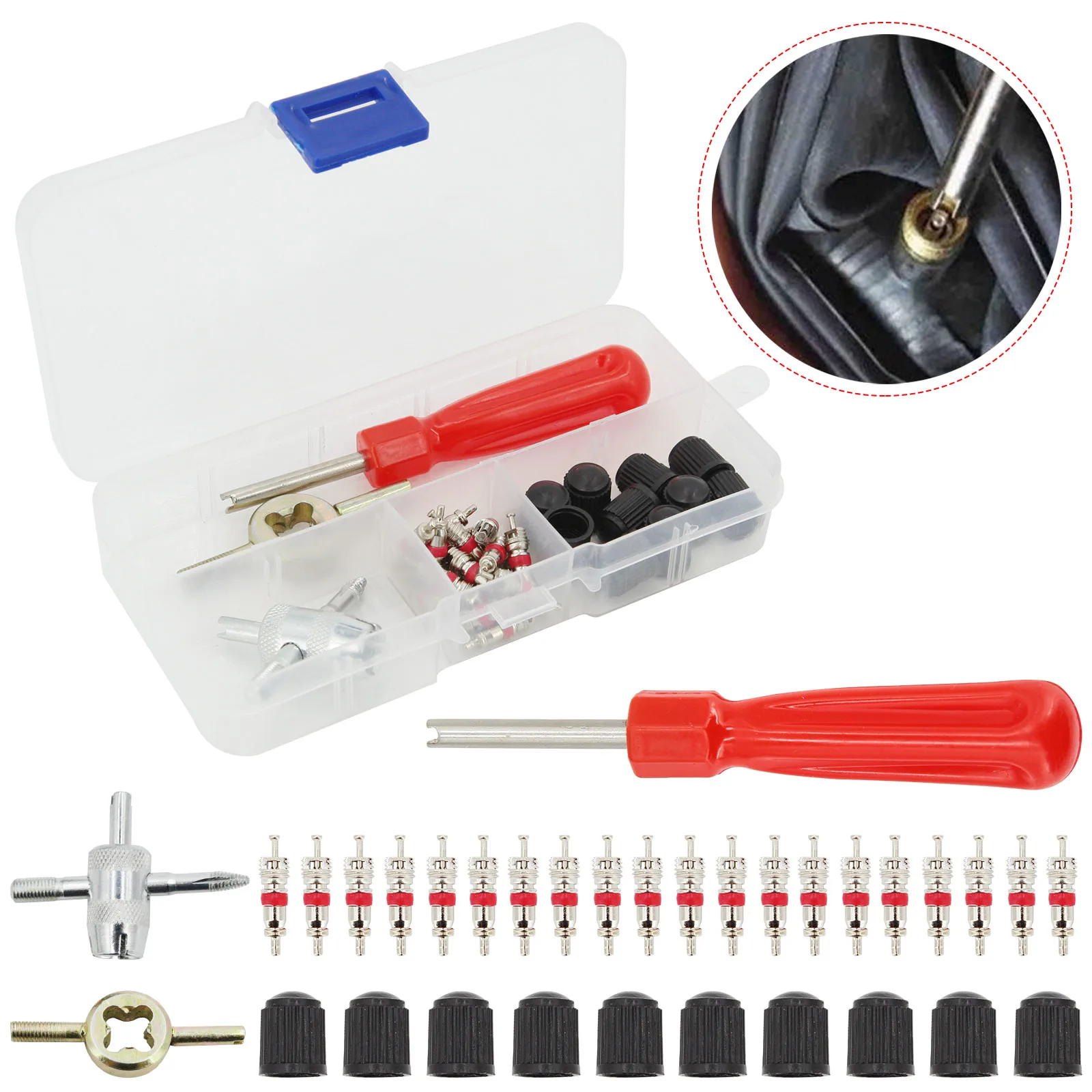 1Set Tire Valve Service Kit Valve Cores Valve Caps Valve Stem