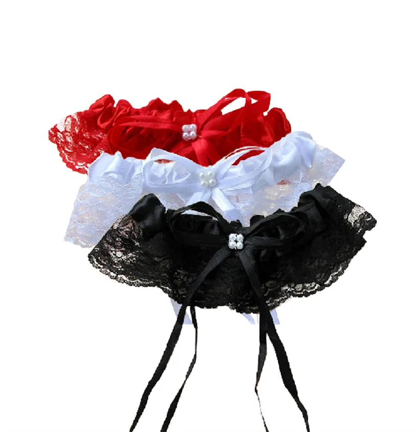 

Sexy Beading Bowknot Lace Flower Pearls Wedding Garter Belt Bridal Thigh Ring Leg Garter Ring For Women/Female/Bride Party