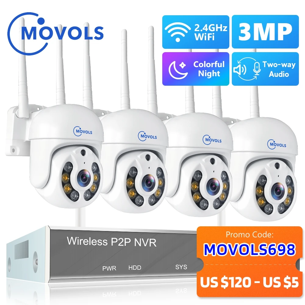 Movols H.265 3MP HD Wireless CCTV System Two Way Audio Waterproof PTZ