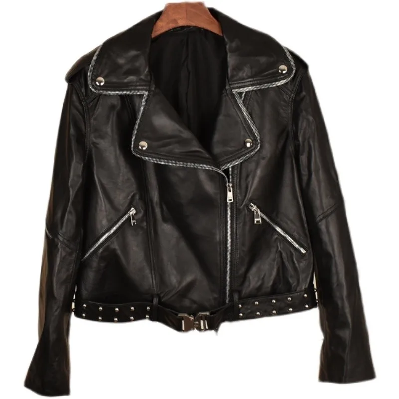 

2023Leather coat,Spring Autumn New Women Moto Biker Sheepskin Genuine Leather Jacket Zippers Buckle Punk Style Coat Female Rivet