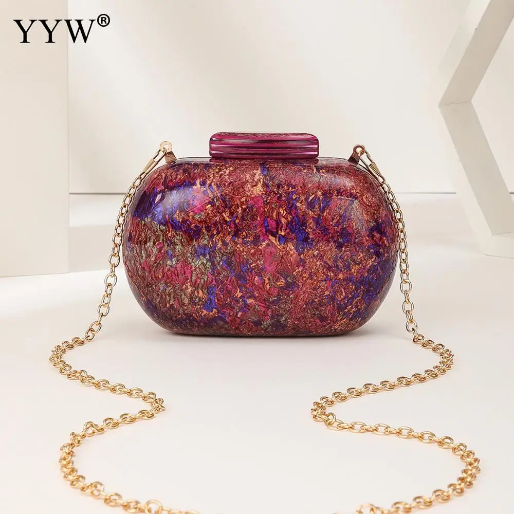 Luxury Brand Handbags Round Marble Acrylic Evening Bags New Fashion Purple Clutch Purse Wedding Party Women Wallet Messenger Bag