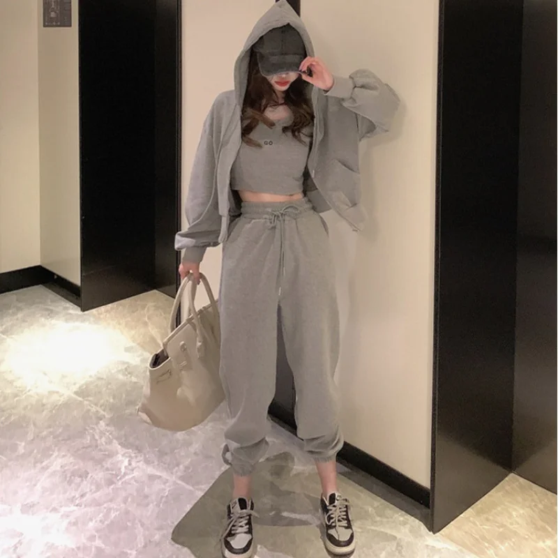 Casual Sports Suits Women Spring Autumn New Korean Loose Cardigan Hoodies Leggings Sweatpants And Suspenders Three-piece Sets