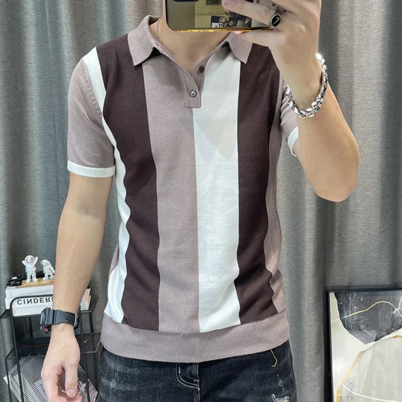 

Spring Men Short Sleeve Polo Contrast Stripes Lapel Top Korean Slim Knit Men Polo High Quality Tee Shirt Camisa Hombre