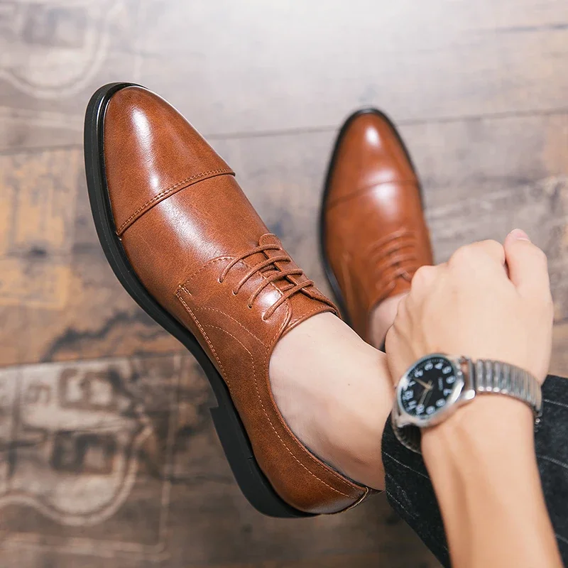 Men   Fashion Derby Shoes Round Toe Panel Classic Retro Lace up Office Business Dress Shoes Black Brown Size 38-48 Men  Shoes
