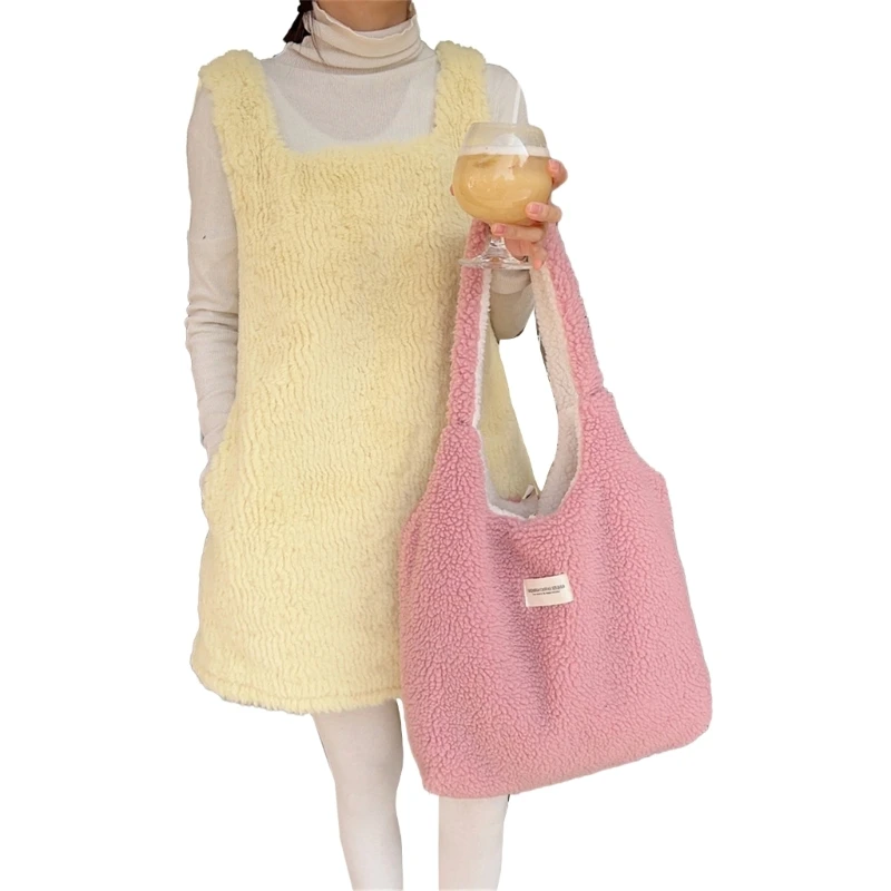 Stylish Vest Reversible Shoulder Bag Large Capacity Furry Plush Tote Bag Faux Lamb Wool Fuzzy Handbag for Women E74B