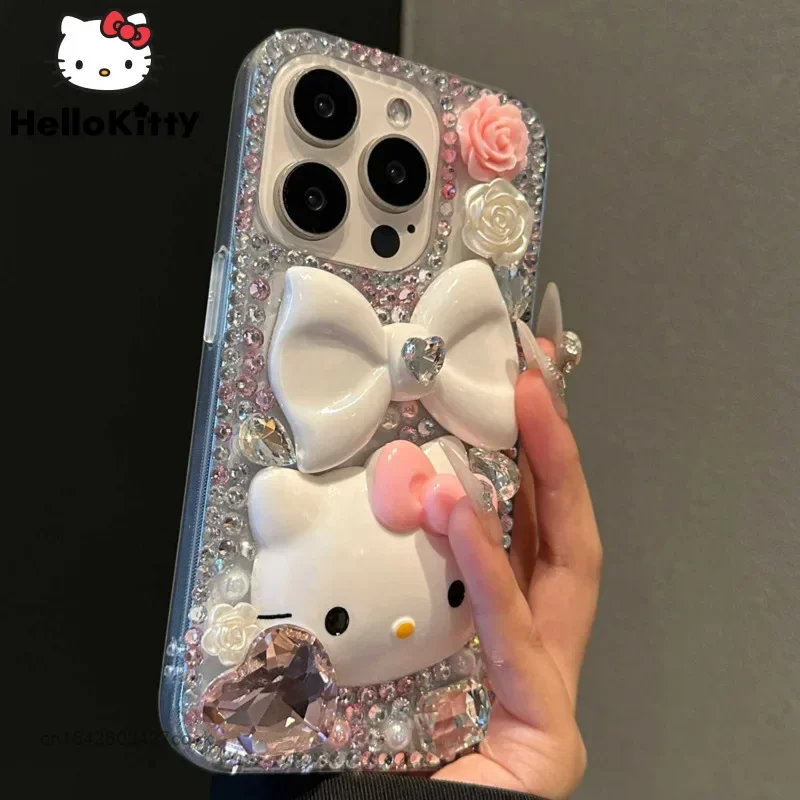 Phone Case For Iphone 15 Pro Max 14 13 12 11 X Xr Xsmax Sanrio Full Rhinestone Heart Hello Kitty Women Luxury Protective Cover iphone case phone case