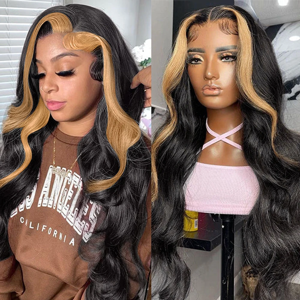 

Long Wavy Lace Frontal Wig Synthetic Blonde Lace Front Wig With Highlights Natural Wig P27 Black Mixed Ombre Blonde/Green Cospla