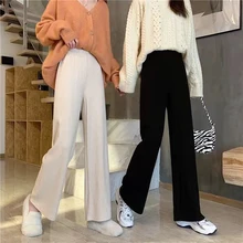 

Casual Pants Loose Elastic Waist Wide-leg Full Length Solid Simple Knitted Spring Korean Style Comfort Slacks Trousers Summer