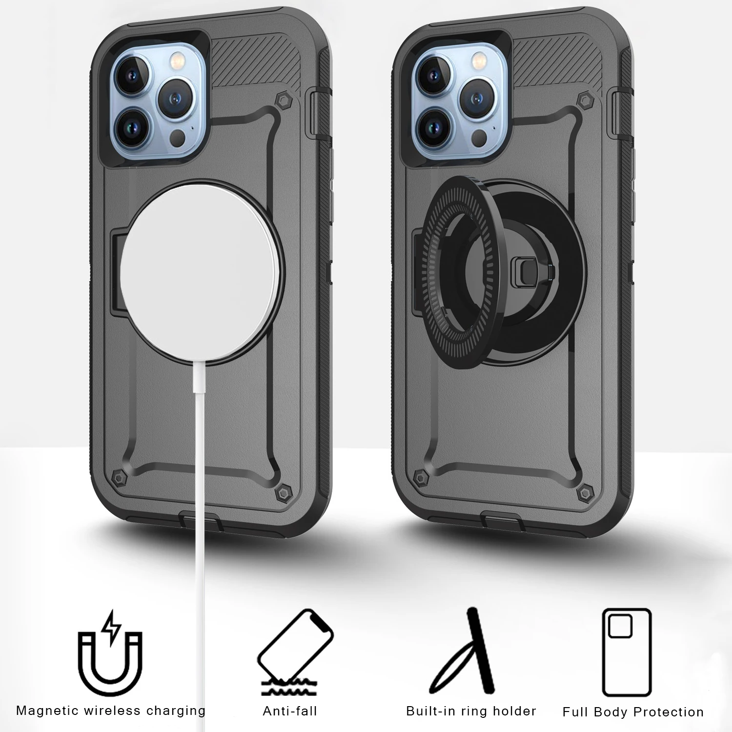 ShockProof Rugged iPhone Case with Magnetic Magsafe Ring Kickstand