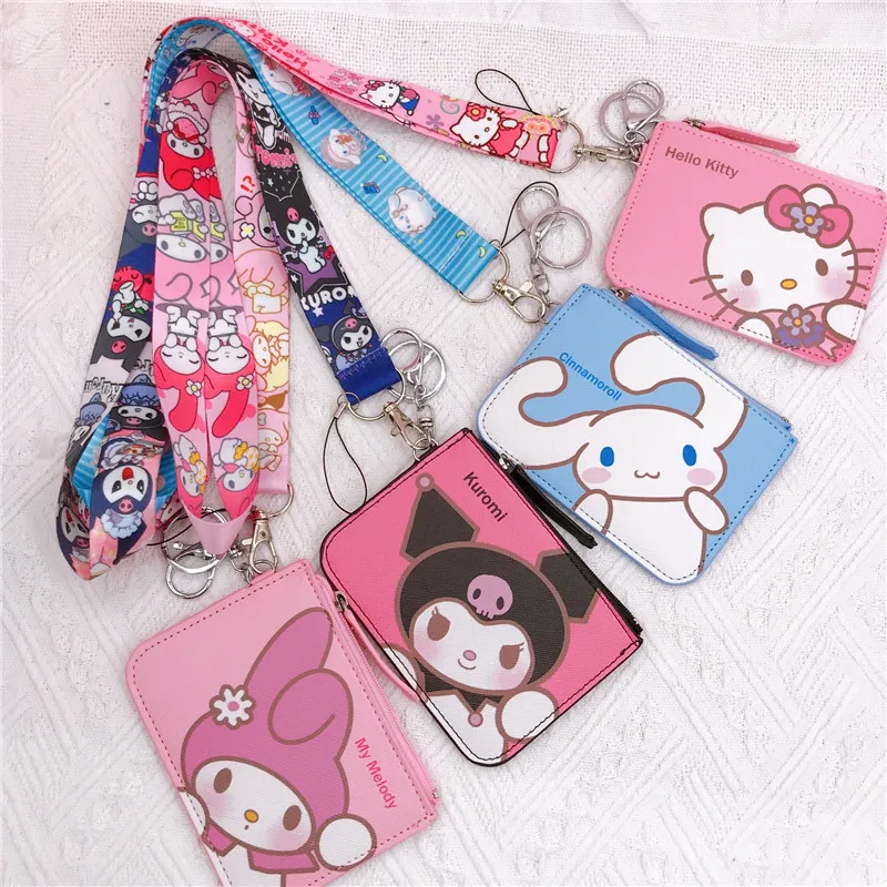 Kawaii Sanrio Kuromi Hello Kitty Cinnamorroll Melody Pachacco Pom Purin Leather Card Holder Lovely Coin Wallet Key Chain Pendant