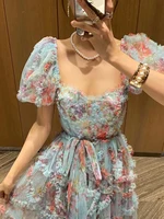 GALCAUR الحلو المرقعة شبكة فستان للنساء ساحة طوق نفخة الأكمام عالية الخصر ضرب اللون الأزهار طباعة سترة فساتين الإناث 1