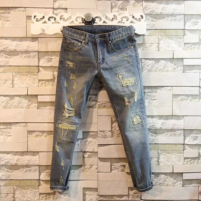 

Jeans for Men with Holes Broken Trousers Cropped Male Cowboy Pants Tapered Torn Ripped Stacked Free Shipping Korean Style New In