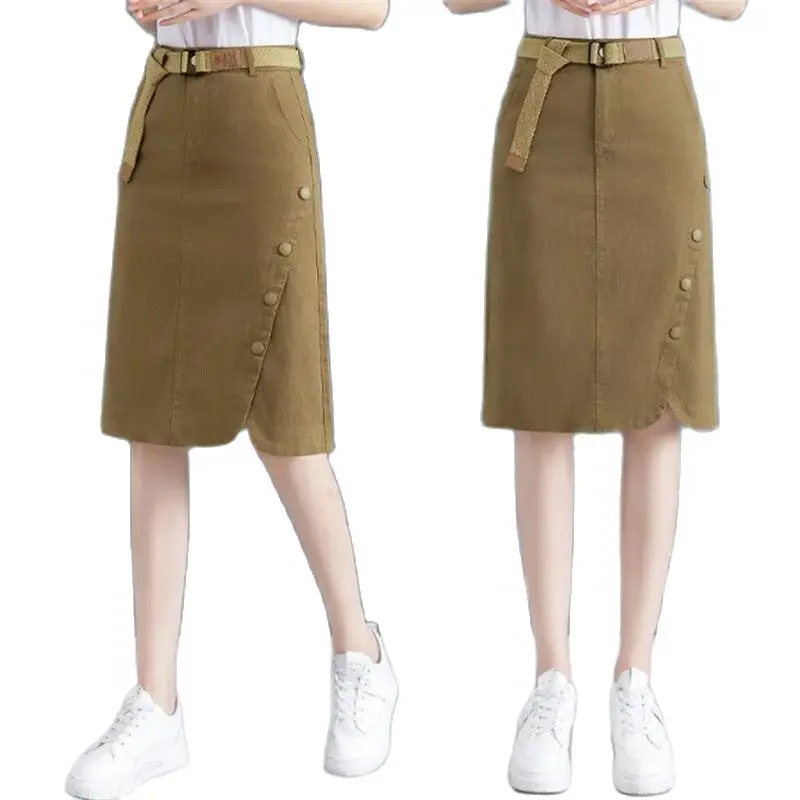 

Spring Summer Mid-Long Leisure Skirt Women 2023 New Fashion Pure Colour Button Skirts High Waist Loose Hip Skirt Female