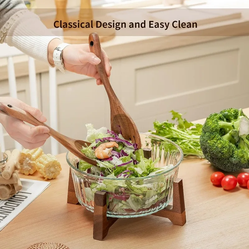 Large Glass Salad Bowl Set with Acacia Wood Base and Salad Serving Utensils Clear Borosilicate Glass Fruit Bowl and Trifle