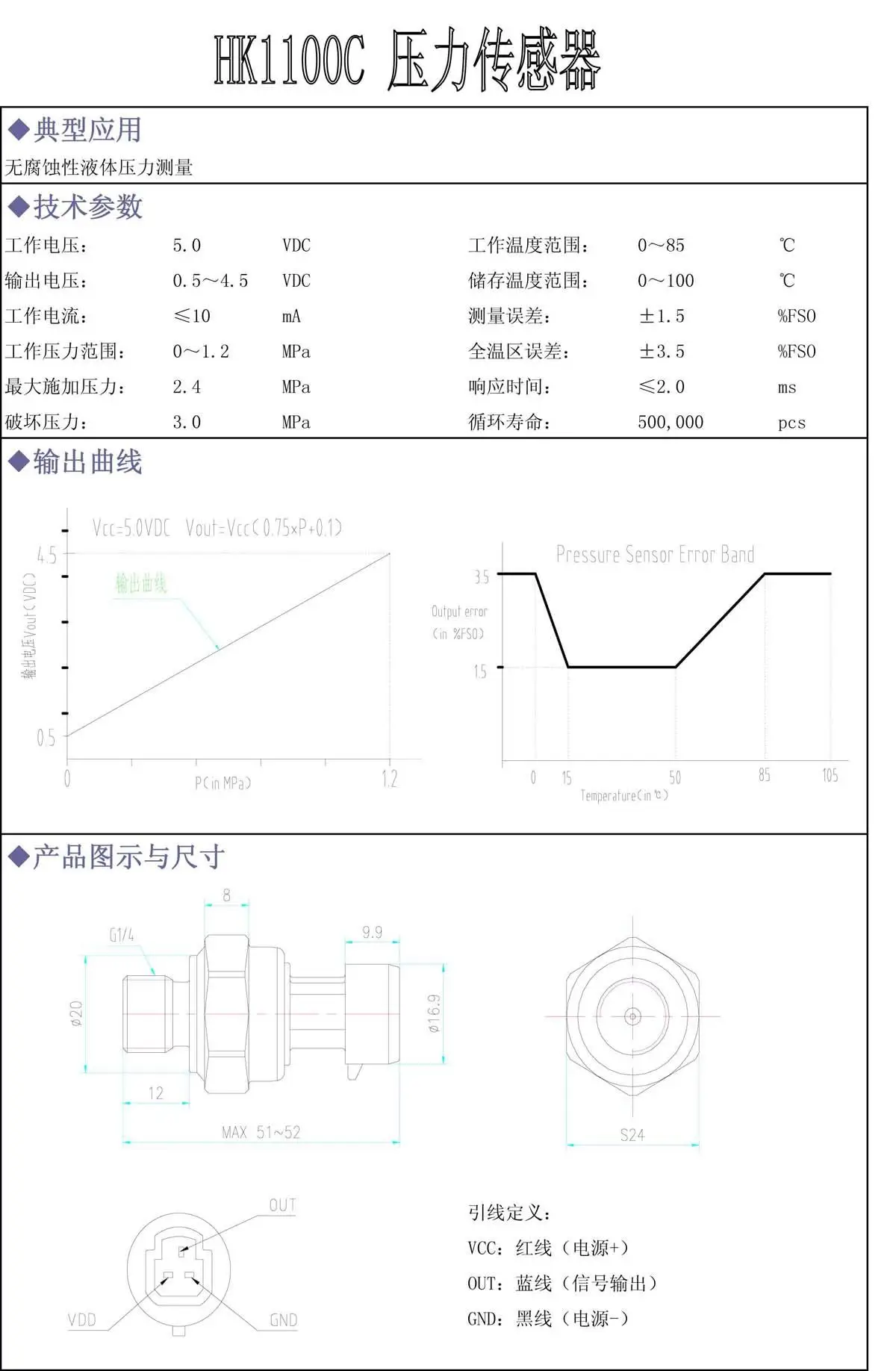 G1/4inch Pressure Transducer Sensor Stainless Steel 1% FS Accuracy Analog Sensor