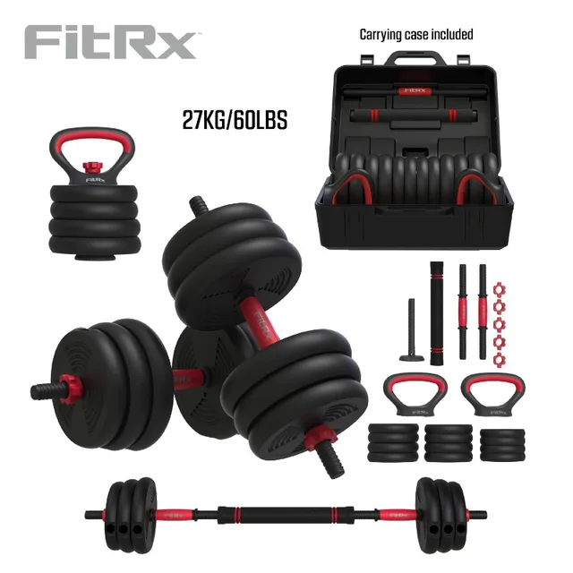 FitRx SmartBell Gym, 60 lbs. 4-in-1 Adjustable Interchangeable Dumbbell, Barbell, and Kettlebell Weight Set, Black