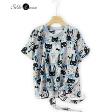 

Grey Blue Rabbit Printing Fashion Mulberry Silk Top Bow Silk Short Sleeve T-shirt Women's Summer Versatile Loose Fashion