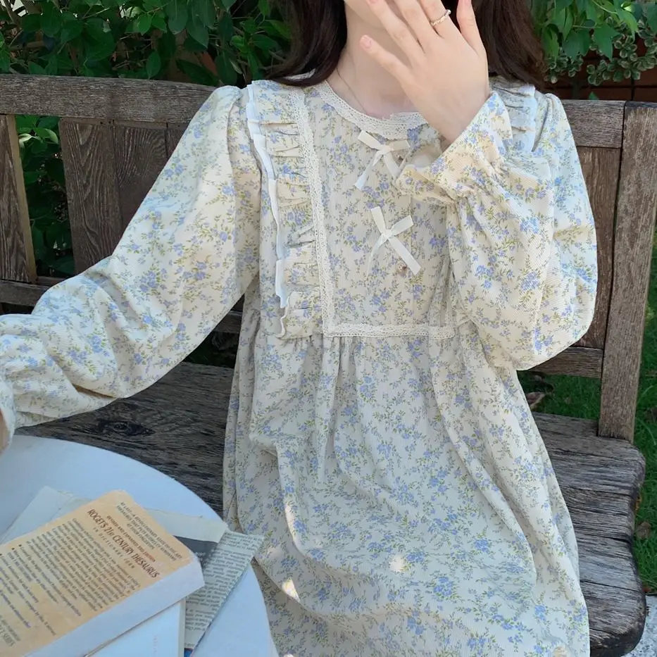Women Nightgowns Women Nightdresses Women Pajamas Sleeping Dress Floral Print Nightgown Sleepwear Womens Korean Style Ruffles Night Dress One Piece Pajamas Autumn Long Sleeve Bow Home Wear