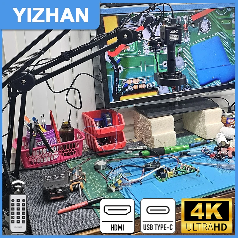 YIZHAN 전자제품용 울트라 HD 4K 디지털 현미경 60MP/48MP/13MP 산업용 카메라 150X 렌즈 조절식 현미경 세트