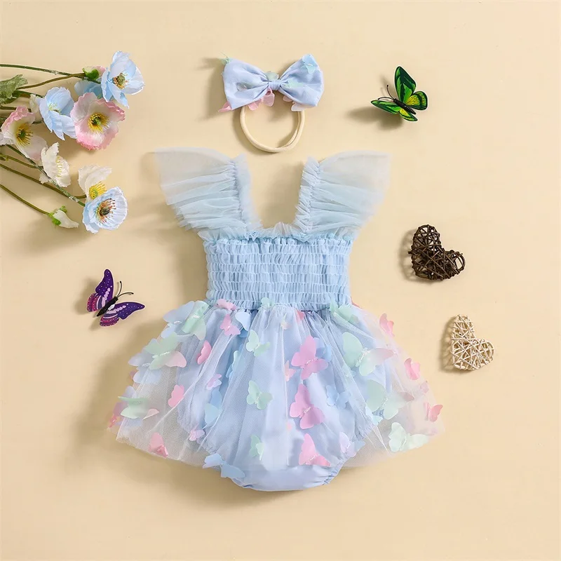 

3D Butterfly Decor Romper Dress Baby Girl Lace Ruffle Sleeve Bodysuit Mesh Tulle Dress Overalls Jumpsuit Headbands