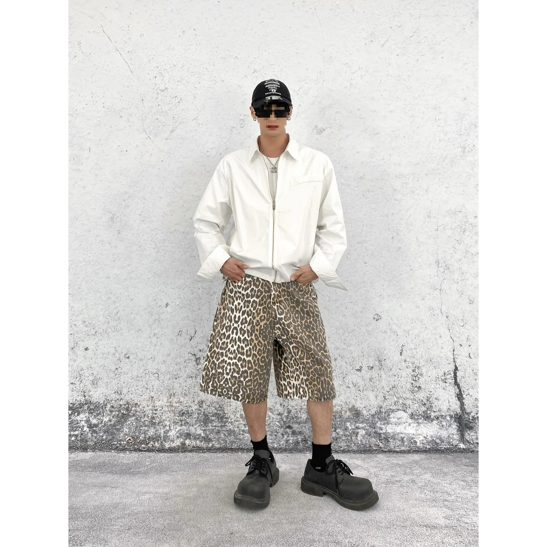 Vintage Straight-leg Wide-leg Denim Shorts For Men Casual Loose-fit American Style Leopard Print Retro Spring Season