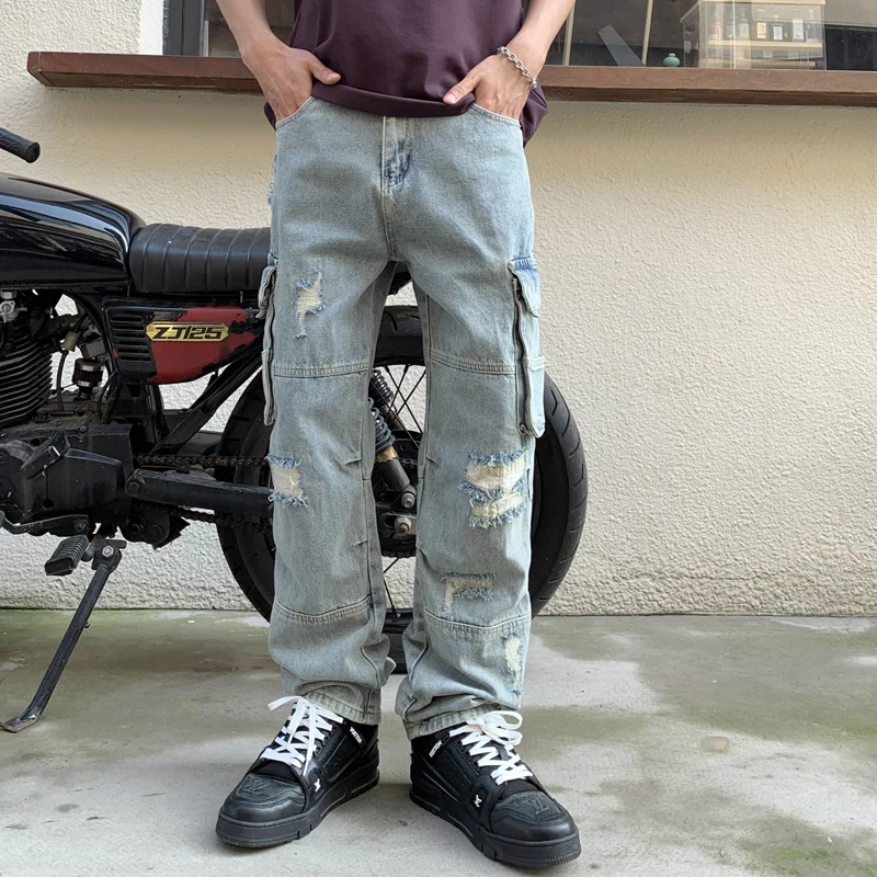 Motorcycle personality hole high-end heavy washing multi-pocket loose tide men's straight pants casual fall sense of work pants