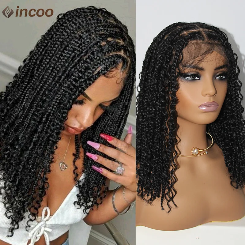 

Summer New Braided Wigs Knotless Full Lace Frontal Wigs Pre Plucked Synthetic Short Boho Box Braid Wig Curly End For Black Women