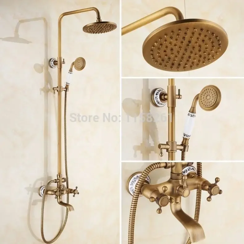 

Shower Faucets Antique Brass Finish Bathroom Rainfall With Spray Shower Durable Brass Construction Faucet Set Free shi