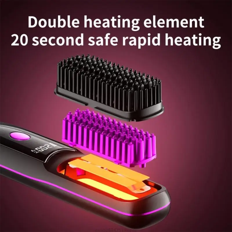 Cordless Hair Straightener Brush Fast Heating 3 Gear Adjustable Temperature USB Rechargeable Hair Straightening Comb R9UD
