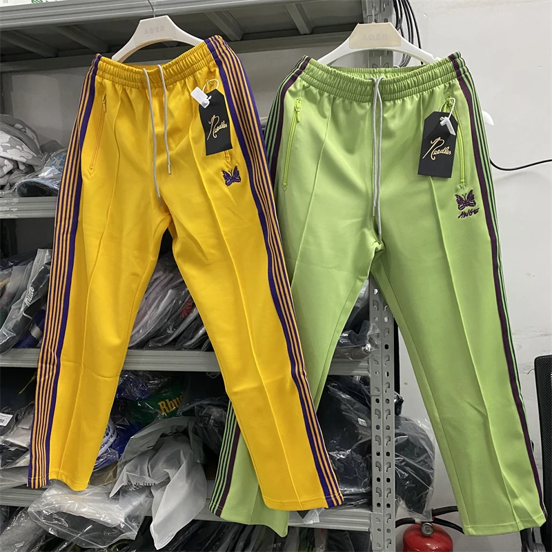 

Yellow Green Stripes Needles Sweatpants Men Women Poly Smooth Track Pants Butterfly Embroidery Trousers gym