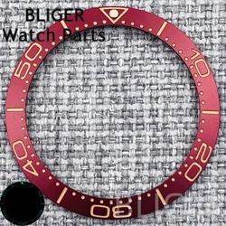BLIGER Vintage Aluminum Brushed Red Green Watch Bezel with Rose Gold Luminous Number Index (Red)