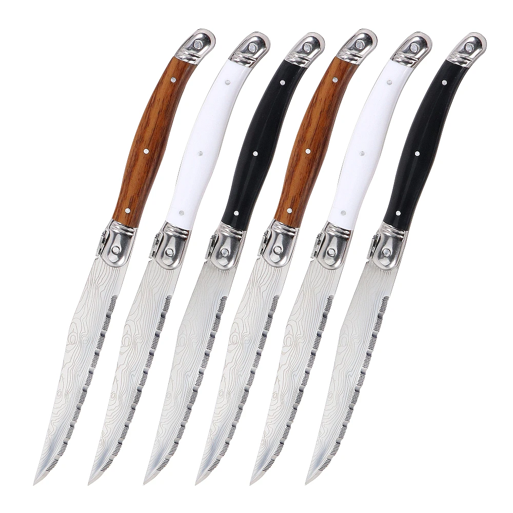 2/4/6pcs Laguiole Steak Knives Set Sharp Blade Dinner Knife Plastic Handle Imitate Damascus Texture Cutlery Solid Steak Knife
