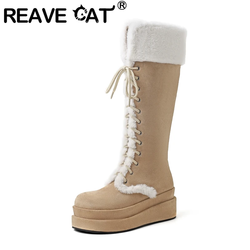 

REAVE CAT Flock Suede Women Winter Knee High Boots Round Toe Double Platform Thick Heels 7cm Lace Up Warm Wool Bota Big Size 42