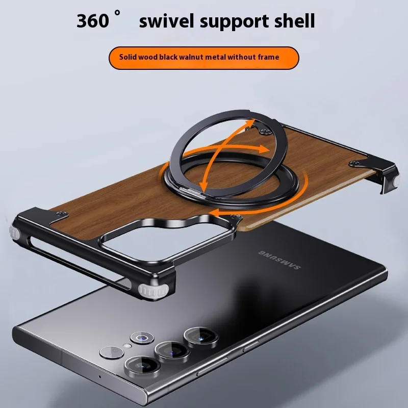 Car Phone holder Case For Samsung S24 Ultra 360°Rotating bracket Magnetic Magsafe Walnut Wood Metal Framework Protective cover
