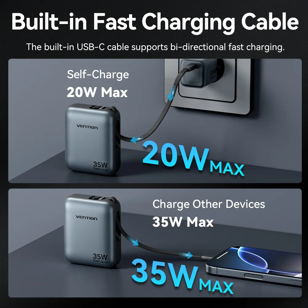Power bank 35W 10000mAh Portable Charger Built-in USB-C Cable for iPhone 14 15 16 Pro Samsung