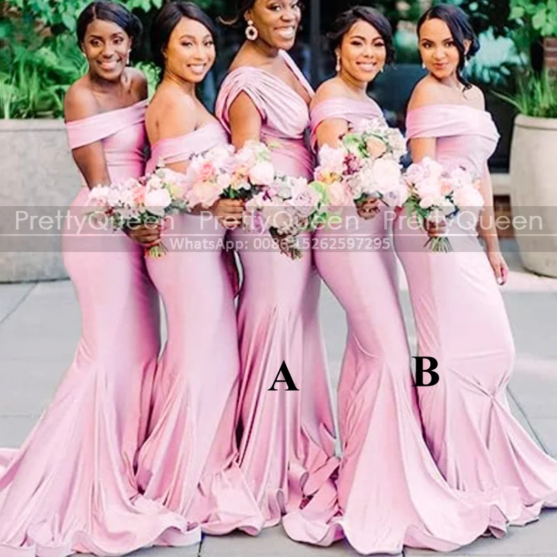 

Pink Off Shoulder Bridesmaid Dresses Pleat Mermaid Long Black Girls Sweep Train Sheath Bridal Party Dress Maid Of Honor