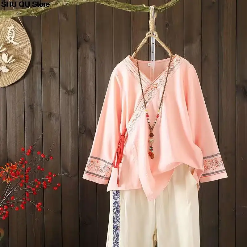 New Spring Chinese Traditional Tang Suit Female Costume Vintage Blouse Long Sleeve Lace-up Embroidery Top for Women Hanfu Blouse