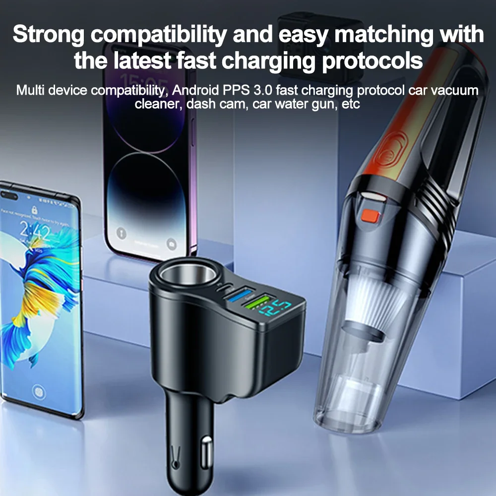 High-Speed 4-in-1 66W Car Charger with Voltage Display and Dual USB Ports